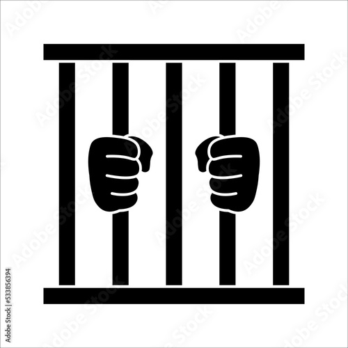 Prison icon. Hands holding prison bars. Silhouette criminal man behind bars. vector illustration on white background. 