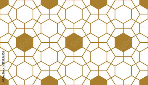 Overlapping large and small hexagons in a contemporary repeat outline pattern with gold color fill, geometric vector illustration