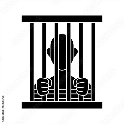 Prison icon. Hands holding prison bars. Silhouette criminal man behind bars. vector illustration on white background. 