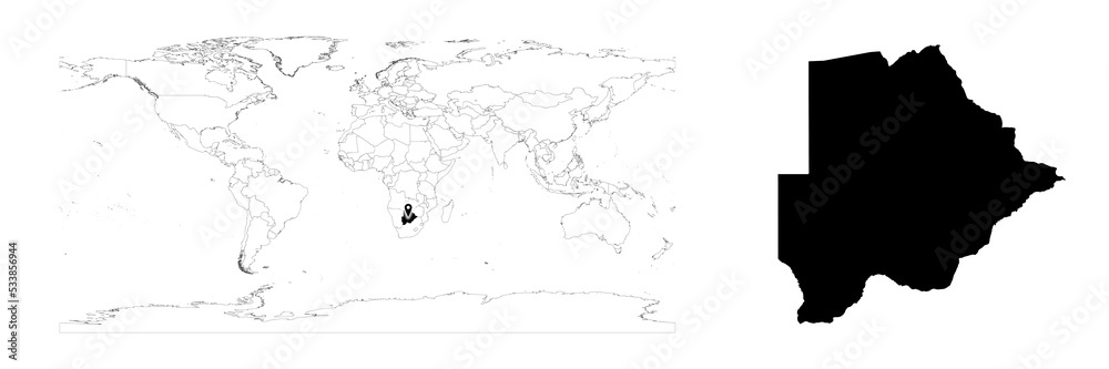Vector Botswana map showing country location on world map and solid map for Botswana on white background. File is suitable for digital editing and prints of all sizes. Vector Botswana map showing country location on world map and solid map for Botswana on white background. File is suitable for digital editing and prints of all sizes.