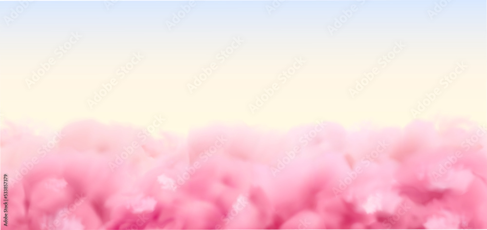 Fototapeta premium Pink clouds background. Vector realistic sunrise or sunset sky. Above the clouds in sunny heaven, web banner template