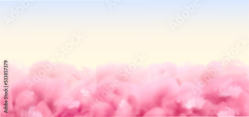 Pink clouds background. Vector realistic sunrise or sunset sky. Above the clouds in sunny heaven, web banner template