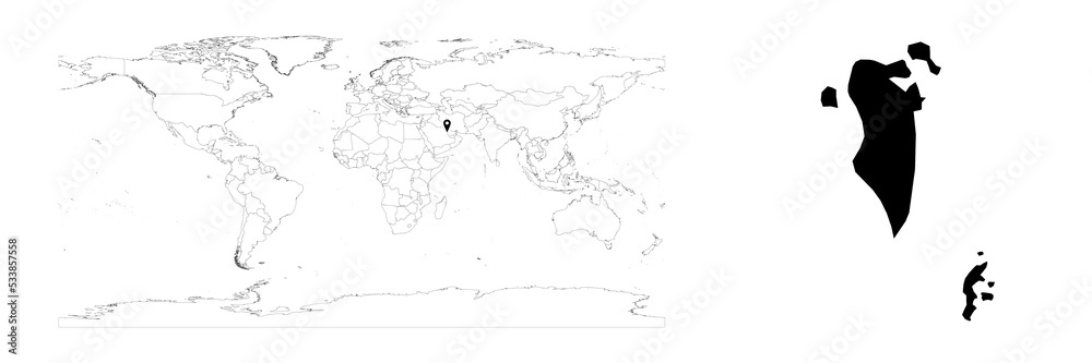 Vector Bahrain map showing country location on world map and solid map for Bahrain on white background. File is suitable for digital editing and prints of all sizes.