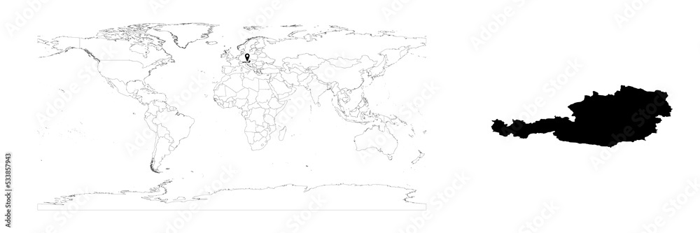 Obraz premium Vector Austria map showing country location on world map and solid map for Austria on white background. File is suitable for digital editing and prints of all sizes.