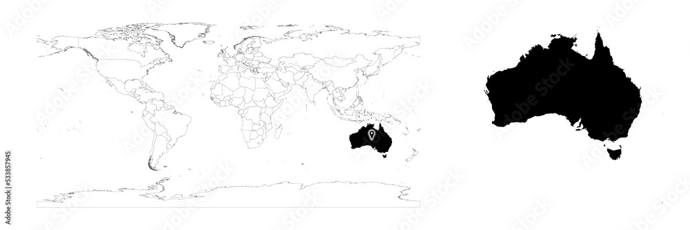 Vector Australia map showing country location on world map and solid map for Australia on white background. File is suitable for digital editing and prints of all sizes.