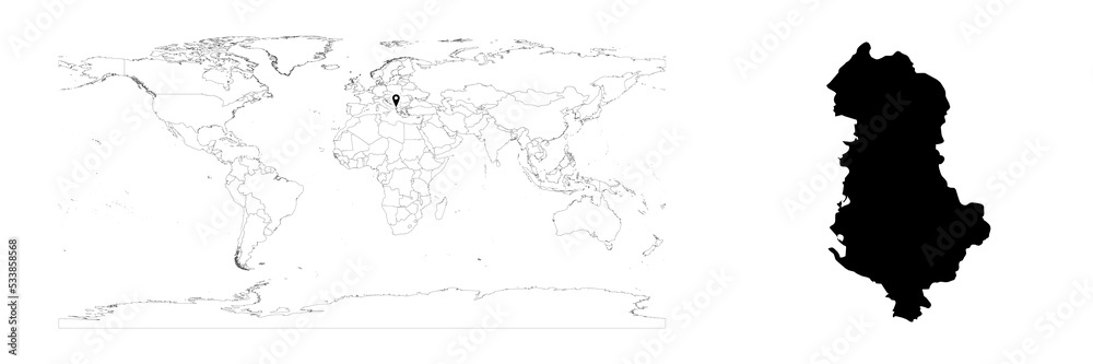 Vector Albania map showing country location on world map and solid map for Albania on white background. File is suitable for digital editing and prints of all sizes.