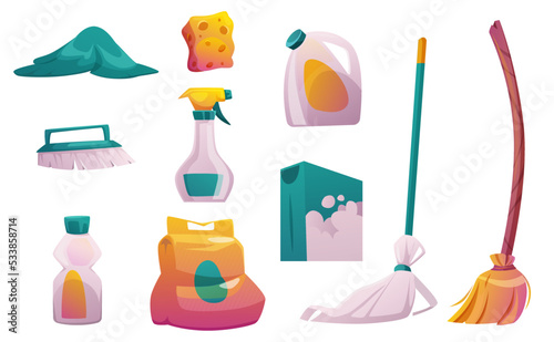 Set of household equipment and cleaning tools. Broom, washing powder box, liquid soap, detergent in spray bottle, brush, rag, sponge isolated on white background, Cartoon vector illustration, icons