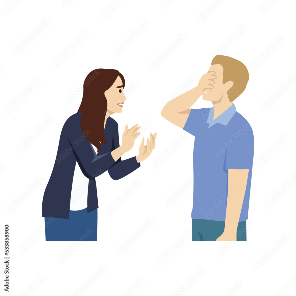 Man and woman quarreled. The man covered his face because he felt guilty. Flat vector illustration isolated on white background Man and woman quarreled. The man covered his face because he felt guilty. Flat vector illustration isolated on white background