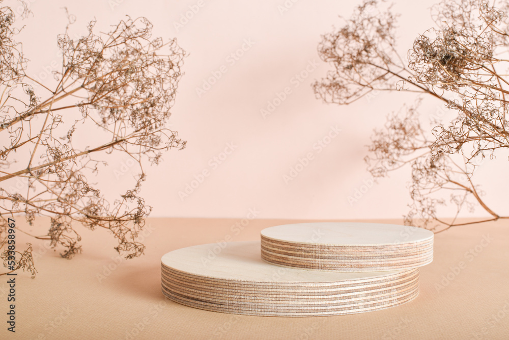 Podium made of two wooden cylinders made of natural wood with dried flowers. Minimalistic branding scene. Podium made of two wooden cylinders made of natural wood with dried flowers. Minimalistic branding scene.