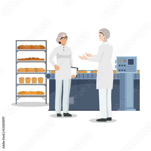 Worker discussing at bakery Factory Food Production. Bread Baker Machine Industry Plant. Flat vector illustration isolated on white background