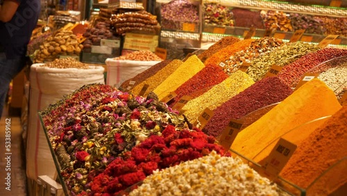 istanbul city famous grand market spice tea store slow motion panorama 4k turkey