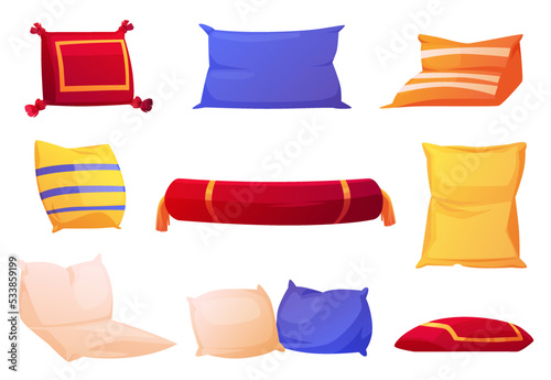 Pillows and decorative cushions isolated set. Cozy interior decor design, comfortable ornamental soft pads and rolls for sofa. Colored graphic isolated on white background Cartoon vector illustration