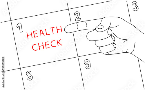 HEALTH CHECK. Line drawing of mans hand pointing health care note in calendar. Memo of health lifestyle on calendar page. Editable hand drawn contour. Vector