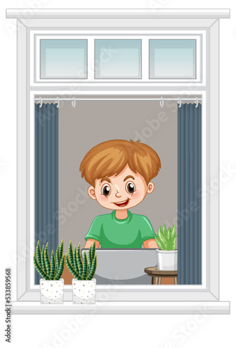 View through the window of a girl browsing internet