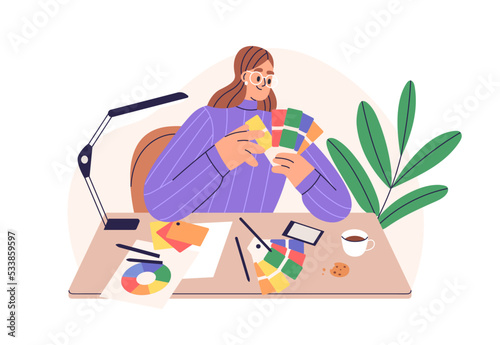 Designer picking color for design, choosing matching colour with palettes, schemes, wheels. Woman colorist, stylist, creative girl at work. Flat vector illustration isolated on white background