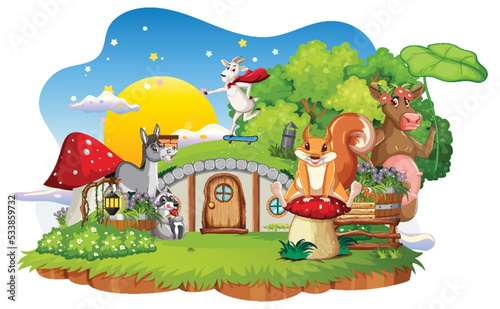Animals at hobbit house on white background