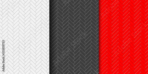 Set of white, black and red herringbone tile seamless pattern. Stone or ceramic wall background. Kitchen backsplash or bathroom wall or floor texture. Vector flat illustration