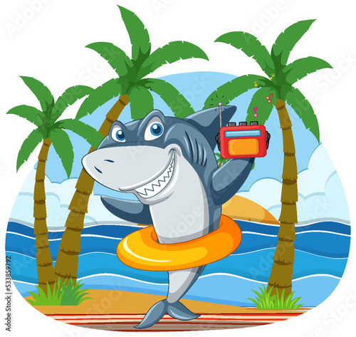 Shark cartoon character relaxing on the beach