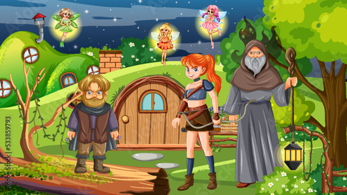 Fantasy folk cartoon characters in the forest