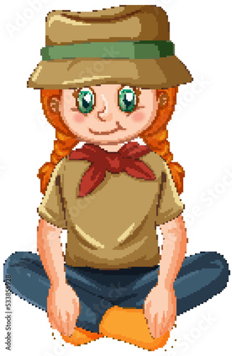Camping girl sitting on white background