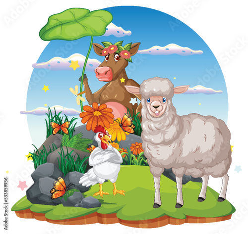Cute animal cartoon character in ourdoor scene isolated island