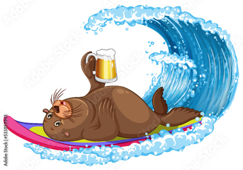 Sea lion on surfboard with water wave