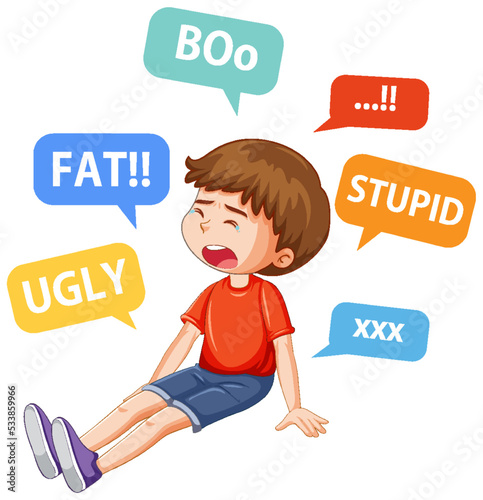 Sad boy surrounded by bullying words