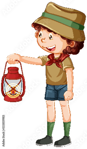 Camping boy with oil lamp