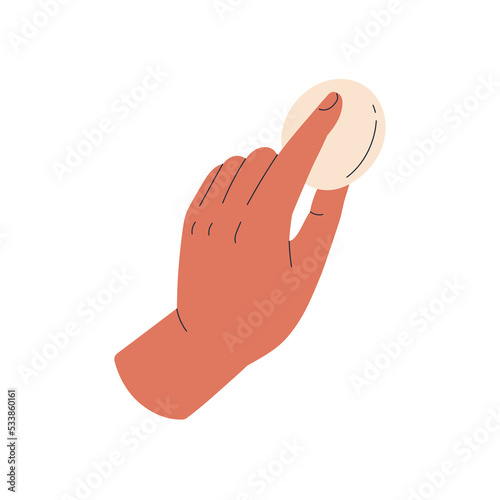 Hand holding art sponge. Artists arm using soft foam tool for paint excess. Fingers squeezing micropore supply, instrument for drawing. Flat vector illustration isolated on white background photo