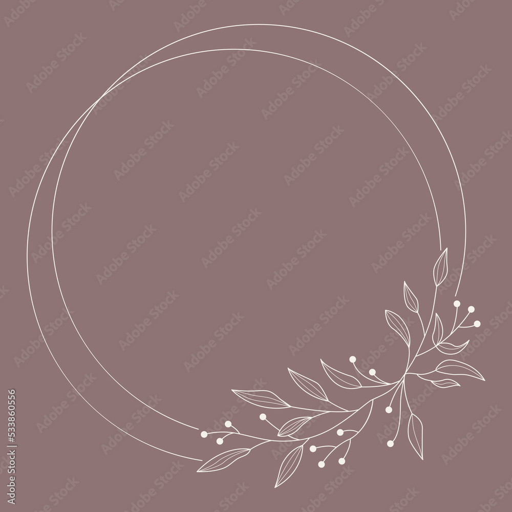 Floral and circle hand drawn style. Floral pink frame of twigs, leaves and flowers. Frames for the Valentine's day, wedding decor, logo and identity template