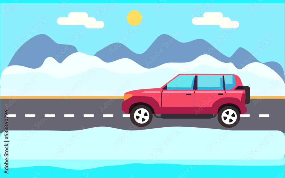 Car on winter road banner car side view winter city view background vector illustration.