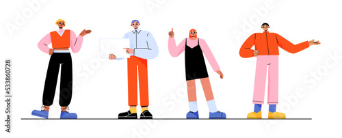 Persons point gestures, promotion, advertisement concept. Happy people pointing with fingers, showing and introducing product with hand gesture, presenting banner, Line art flat vector illustration