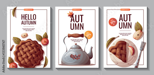 Autumn promo sale flyers with apple pie, apples, kettle. Autumn, harvest, thanksgiving day, fall concept. Vector illustration. Banner, flyer, advertising, menu.