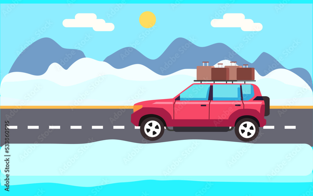 Travelling on winter road banner car side view winter city view background vector illustration.