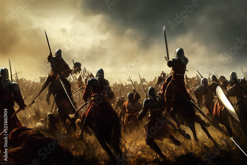 Obraz na plátně Historic medieval battle recreation with cinematic lighting, soldiers on horses, knights with shining armour in a dark ages destructive digital artwork