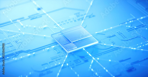 3D rendering of cyberpunk AI. Circuit board. Technology background. Central Computer Processors CPU and GPU concept. Motherboard digital chip. Tech science background.
