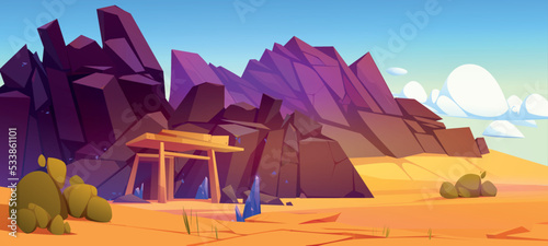 Old mine entrance gui cartoon background. Cave exit with blue saphire gemstones around and deserted rocky mountain landscape. Treasure mining game. Precious mineral extraction. Vector illustration