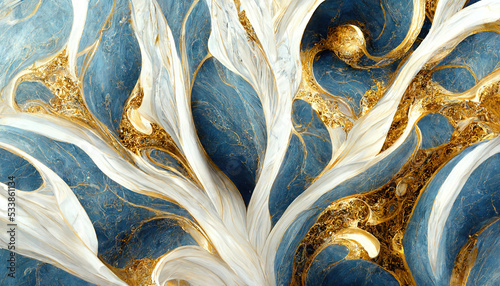 Abstract luxury marble background. Digital art marbling texture. Blue, gold and white colors
