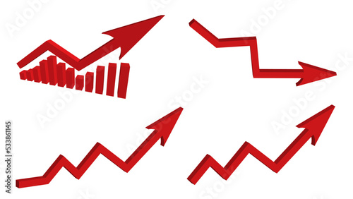 Set of red 3d large down arrow sign isolated on white background. Inflation Bar chart. Graph. Rise price. Finance and Economy. Market. Global economic crisis concept. Recession. Infographics. Icon.