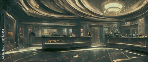 Artistic concept painting of a beautiful hotel reception hall, background illustration.