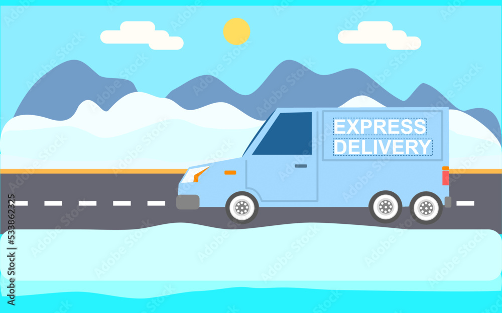 Express delivery services on winter road banner car side view. winter city view background. vector illustration.