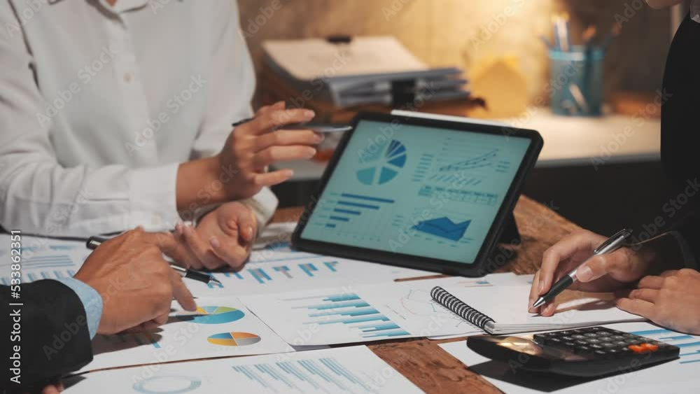 Business team collaboration discussing working analyzing with financial data and marketing growth report graph in team, presentation and brainstorming to strategy planning making profit of company