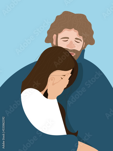 A man comforts a crying woman by hugging her.