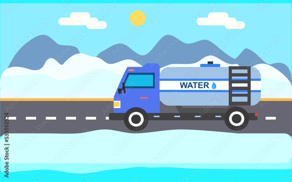 water and liquid substances on winter road banner truck side view winter city view background vector illustration