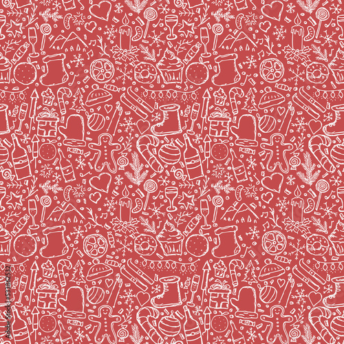 Seamless christmas pattern. New year background. Doodle illustration with christmas and new year icons