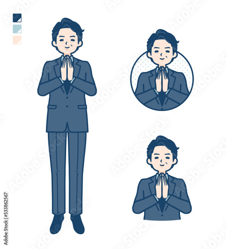スーツのミドル男性が合掌しているイラスト