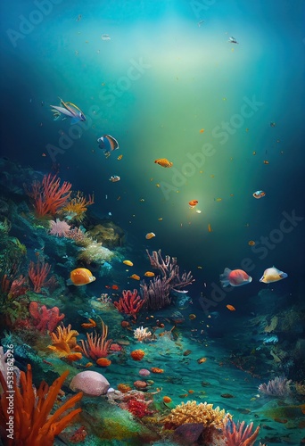 Underwater scene with fishes and corals in bioluminescence  and a tropical island under the sea. 3D illustration vertical.