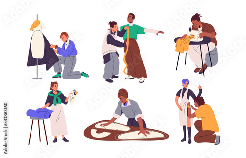 Tailors and seamstress at work set. Dressmaking, designing clothing in atelier. Dressmakers with sewing machines, fabrics, customers, mannequins. Flat vector illustrations isolated on white background