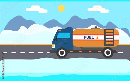 Oil petroleum transportation tank car tanker on the winter road vector illustration.