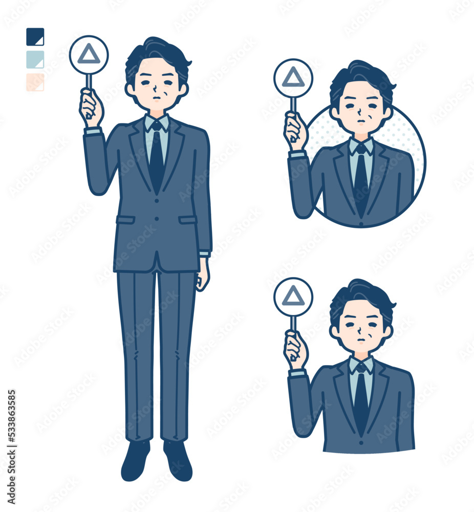 スーツのミドル男性が三角印パネルを出すイラスト スーツのミドル男性が三角印パネルを出すイラスト